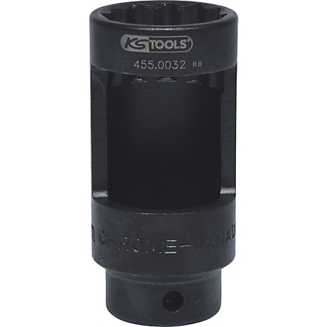 Schwarze Knarren-Stecknuss mit KS TOOLS Logo und der Aufschrift 455.0032. An der Seite steht CHROME-VANADIUM.